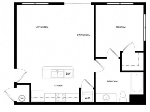 Floor plan for 1 bed, 1 bath, 696 sqft